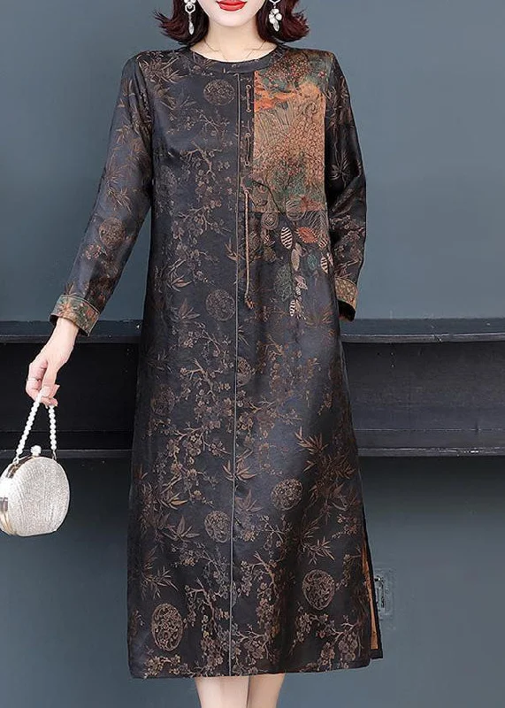Best Bargains floral dressFrench Brown O-Neck Patchwork Side Open Silk Long Dresses Fall Best Bargains floral dressFrench Brown O-Neck Patchwork Side Open Silk Long Dresses Fall