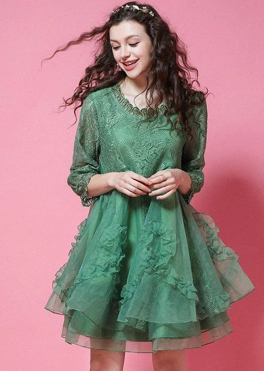 boho dressDIY Green Ruffled Patchwork Organza Lace Short Dress Bracelet Sleeve