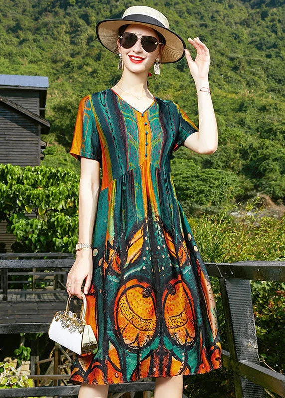 casual slip dressWomen Blackish Green V Neck Wrinkled Print Silk Cinch Dresses Short Sleeve