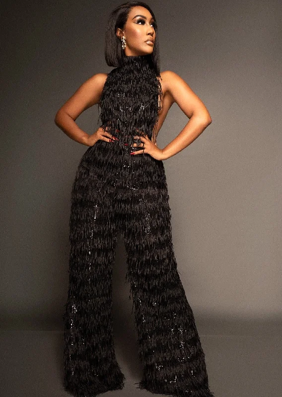 Incredible Offers Show Off Black Fringe Jumpsuit