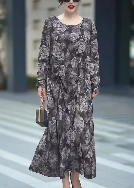 Limited Edition lace dressWomen Grey O Neck Print Cotton Long Dress Spring