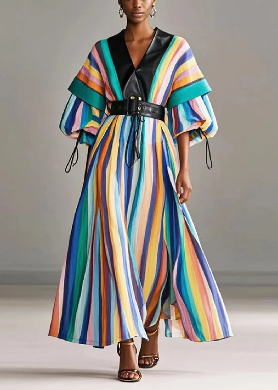 wrap-around dressBeautiful Rainbow Cinched Striped Cotton Holiday Dress Lantern Sleeve