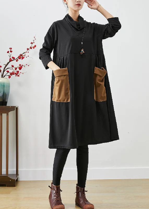 comfy dressUnique Black Turtle Neck Patchwork Pockets Cotton Dress Fall