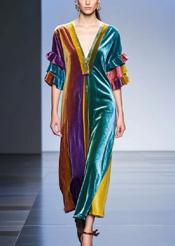 Flash Sale vintage-inspired dressNatural Gradient Color V Neck Patchwork Silk Velvet Dress Half Sleeve Flash Sale vintage-inspired dressNatural Gradient Color V Neck Patchwork Silk Velvet Dress Half Sleeve