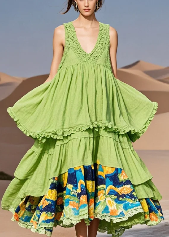 satin midi dressPlus Size Grass Green Ruffled Patchwork Cotton Dress Summer