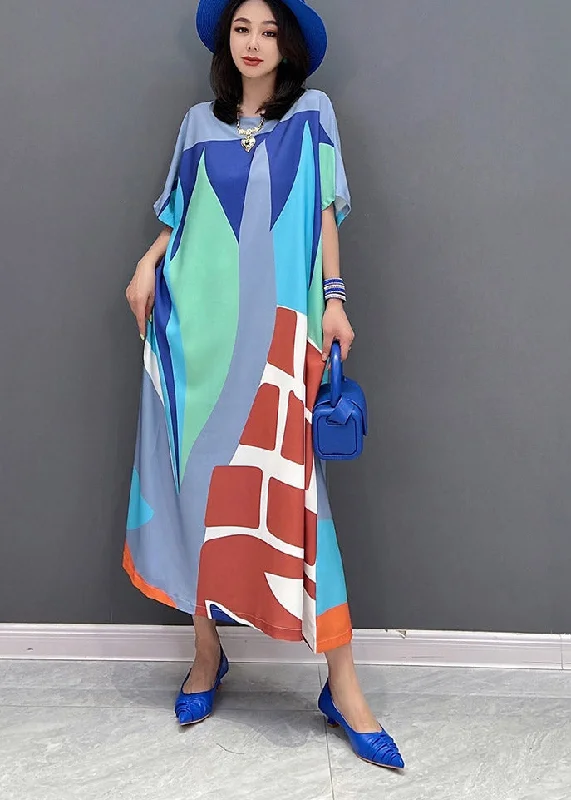 Amazing Deals evening dressLoose Green O-Neck Print Long Dress Short Sleeve