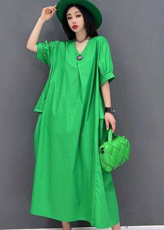 Great Deals casual evening dressPlus Size Solid Green V Neck Big Pockets Cotton Maxi Dress Short Sleeve