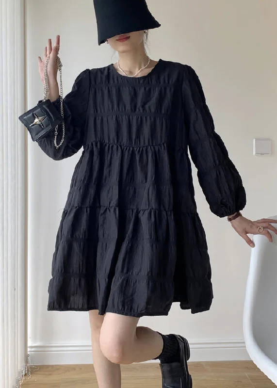 flowy dressFrench Black O Neck Wrinkled Patchwork Cotton Mid Dresses Fall