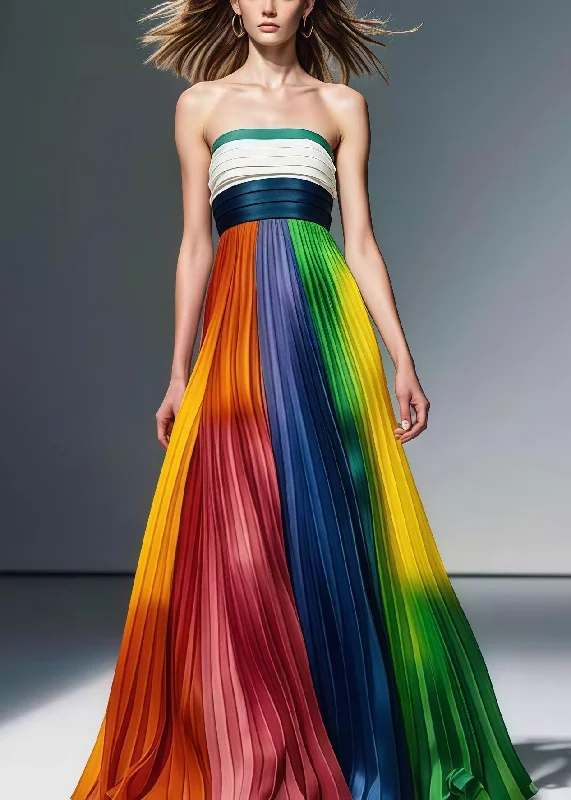 formal dressRainbow Tie Dye Chiffon Party Strapless Dress Cold Shoulder Wrinkled Summer