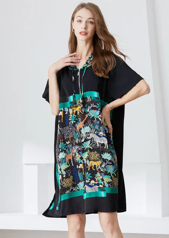 romantic dressItalian Black Hooded Patchwork Print Chiffon Dress Summer