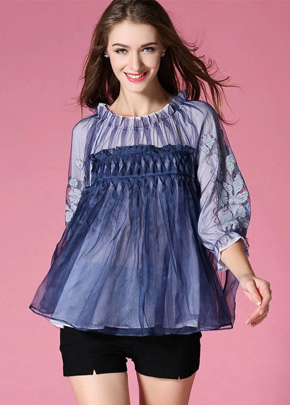 elegant dressCasual Blue Embroideried Wrinkled Organza Blouses Half Sleeve