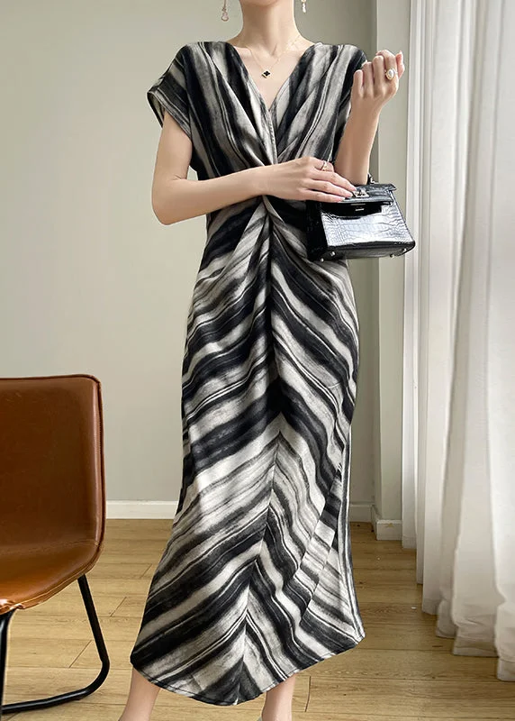 Price Slash sophisticated dressFine Black Asymmetrical Striped Silk Dress Summer