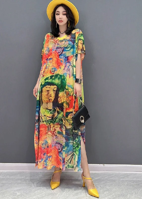 Discount Mania trendy dressFine O-Neck Print Side Open Chiffon Party Dress Short Sleeve