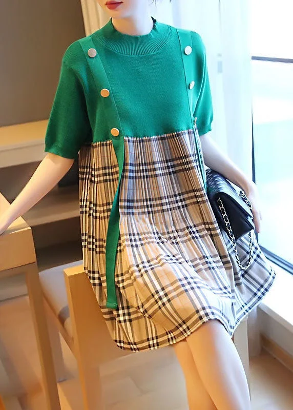 luxury dressPlus Size Green Stand Collar Patchwork Plaid Knit Mid Dresses Summer