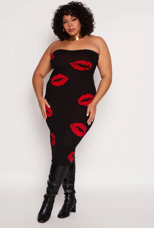 Exclusive Deal lace-up dressPlus Size Almost Famous Lip Print Midi Tube Dress