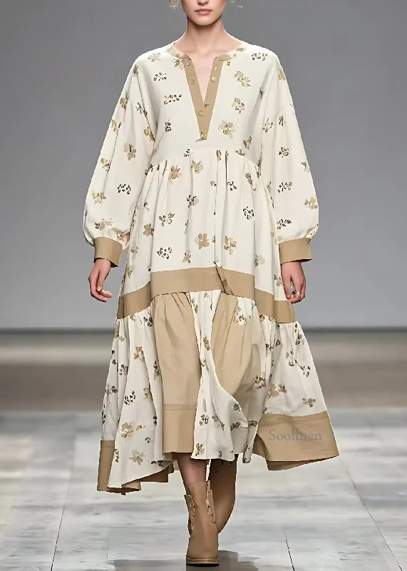 Huge Discounts structured dressSimple Khaki V Neck Print Holiday Maxi Dress Fall