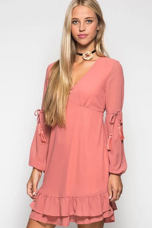 lace-up dressRuffled Hem Dress W/ Tassel Ties