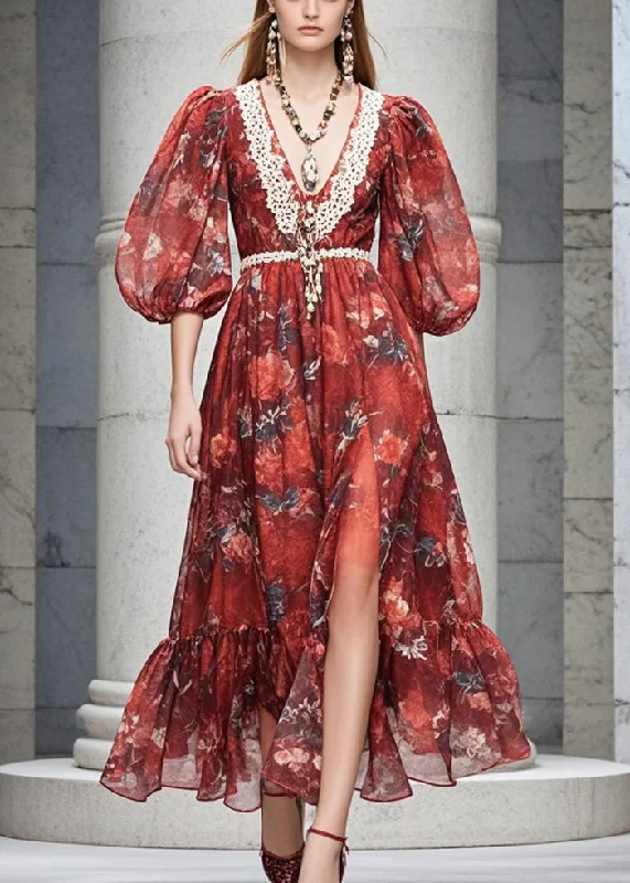 Act Fast puff sleeve dressWomen Red V Neck Print Chiffon Dresses Flare Sleeve
