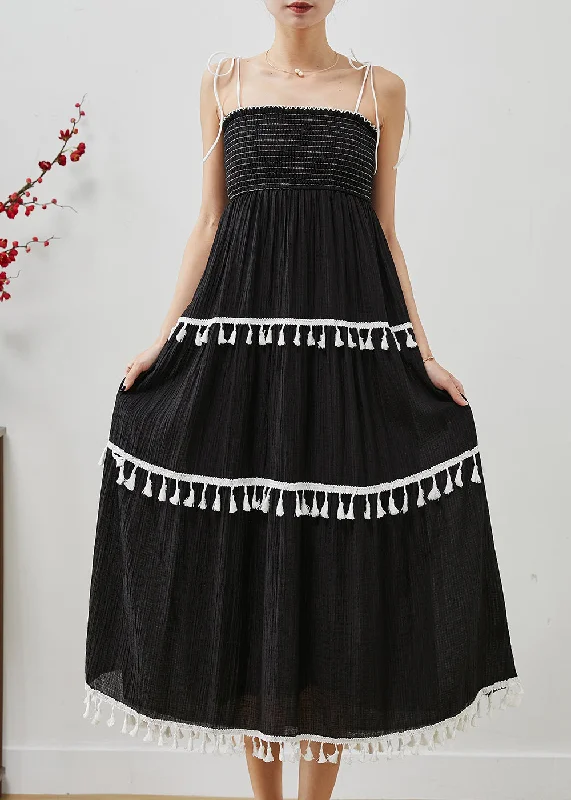 Massive Deals luxury dressWomen Black Tasseled Cotton Summer Spaghetti Strap Dress