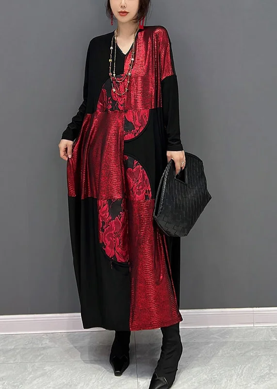 Online Exclusive winter dressArt Red Patchwork Black V Neck Print Maxi Dress Fall
