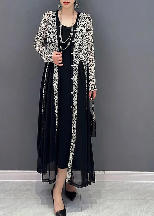 Warehouse Sale elegant dressBlack Patchwork Button Tulle Long Dresses Long Sleeve