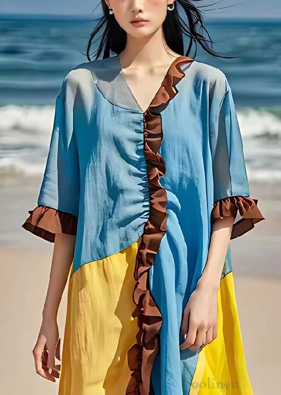 Discount Deals A-line dressNew Sky Blue V Neck Ruffled Patchwork Cotton Dress Butterfly Sleeve Discount Deals A-line dressNew Sky Blue V Neck Ruffled Patchwork Cotton Dress Butterfly Sleeve