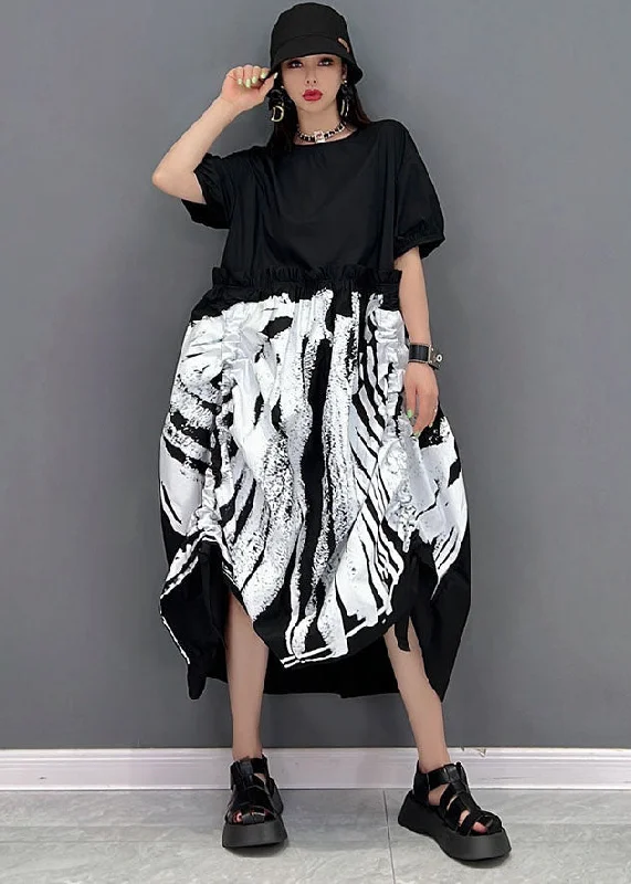 Take Advantage A-line dressItalian Black O-Neck Patchwork Print Wrinkled Cotton Long Dress Short Sleeve