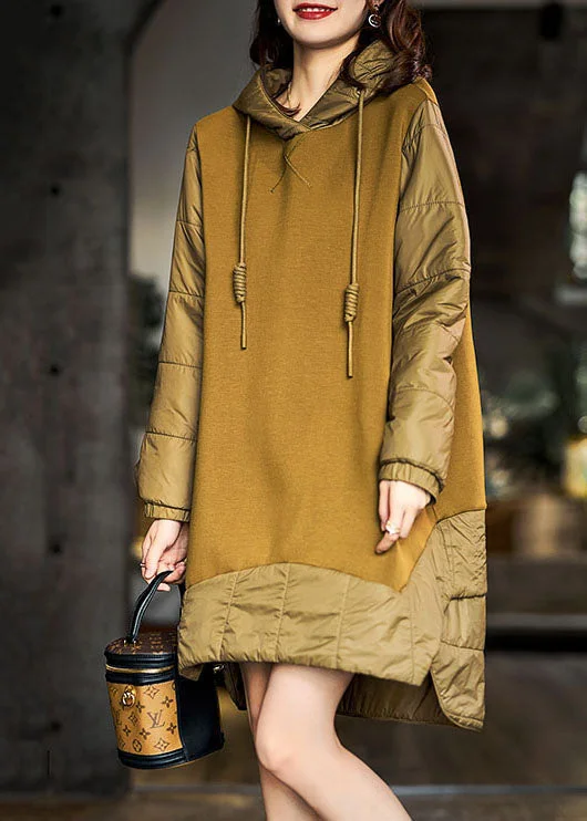 v-neck dressDiy Light Green Hooded Patchwork Fine Cotton Filled Sweatshirts Dress Winter