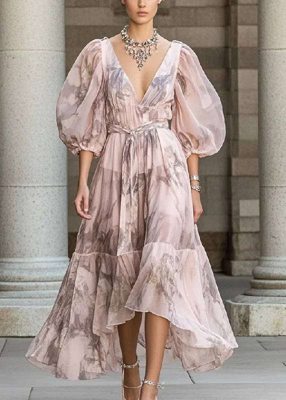 Don't Wait winter dressFitted Pink Cinched Print Chiffon Robe Dresses Puff Sleeve