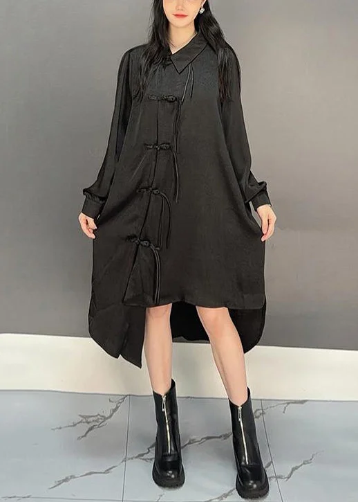 Deal Frenzy summer floral dressLoose Black Asymmetrical Chinese Button Cotton Shirts Dresses Fall