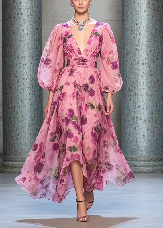 Overstock Sale winter dressItalian Rose Cinched Print Chiffon Long Dresses Lantern Sleeve