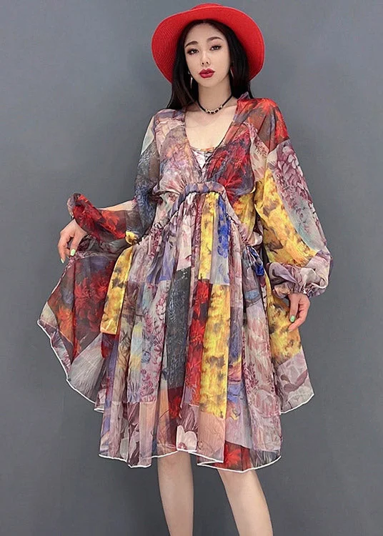Deal Dash cocktail party dressClassy V Neck Print Wrinkled Chiffon Party Dresses Long Sleeve