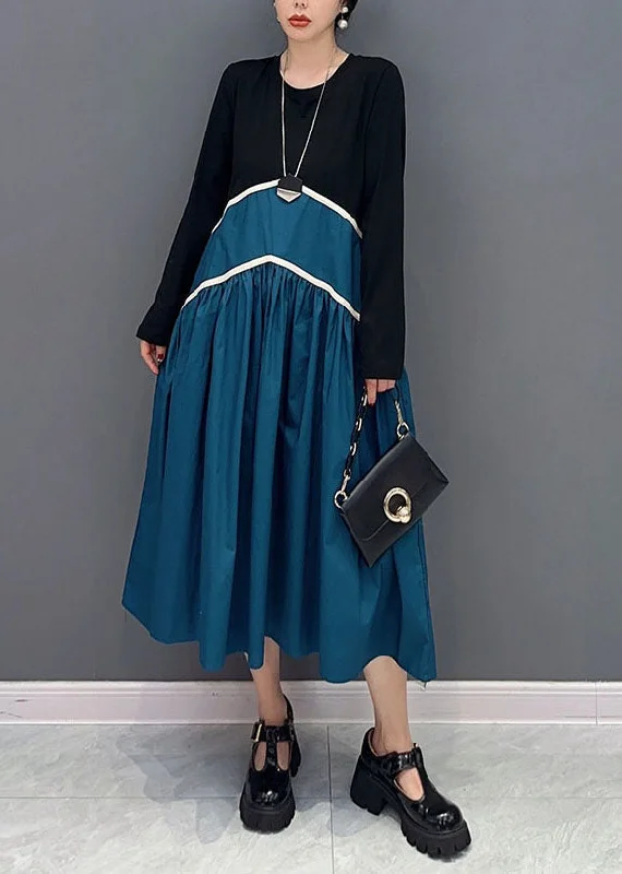 Year-End Sale wrap dressBlue Patchwork Cotton A Line Dresses Wrinkled Exra Large Hem Spring