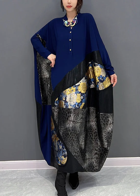 Exclusive Preview ashionable dressBohemian Blue O-Neck Print Patchwork Button Long Dress Fall