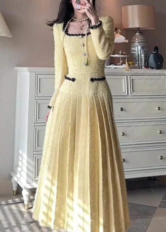 bohemian dressElegant Yellow Square Collar Solid Pleated Dresses Fall