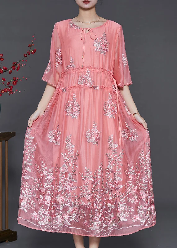 Doorbuster Deal relaxed fit dressWomen Pink Embroidered Silk Cinched Dress Summer