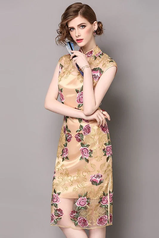 spaghetti strap dressFloral Embroidered Lace Qipao Dress