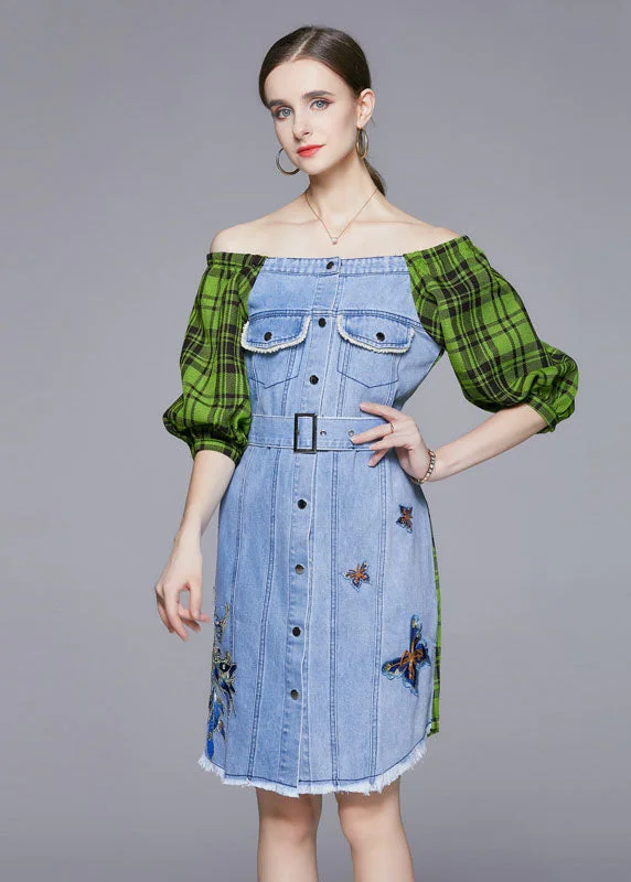 midi dressDIY Blue Slash Neck Embroideried Patchwork Cotton Denim Dress Lantern Sleeve