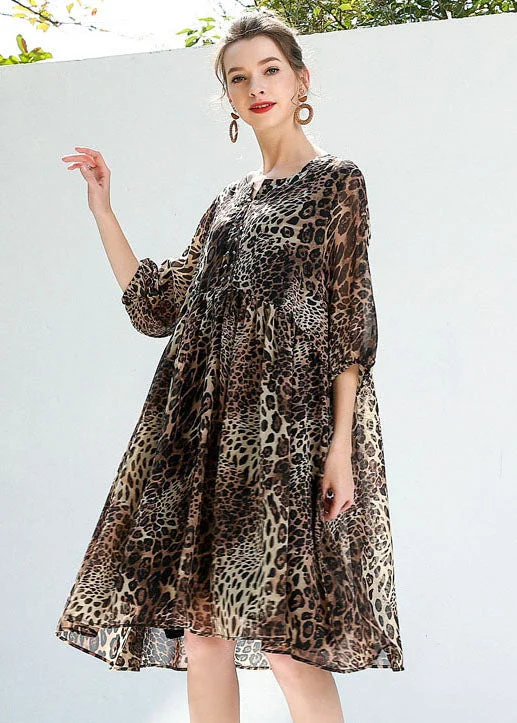 bohemian dressCoffee Leopard Print Chiffon Beach Dresses O-Neck Rivet Summer