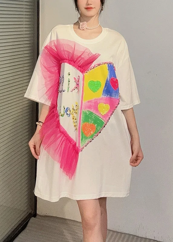 Price Buster spaghetti strap dressWhite Patchwork Cotton T Shirt Dress Ruffled Zircon Summer