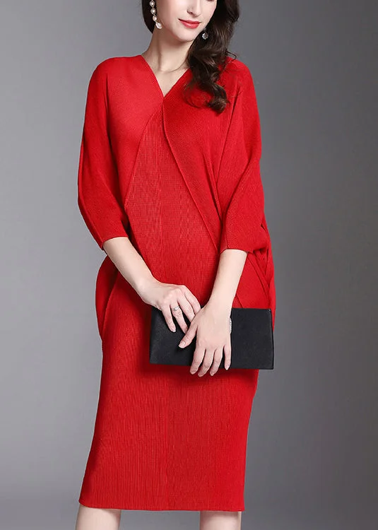 Early Bird Discount elegant shift dressRed V-Neck slim Hip Dress Half Sleeve