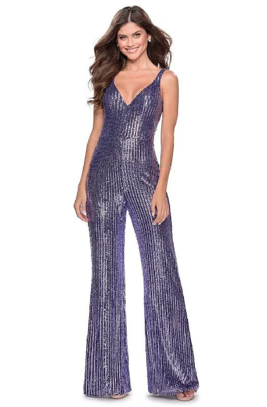 Fantastic Deals La Femme - 28722 Sequined Deep V-neck Jumpsuit