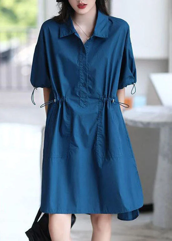 midi dressWomen Blue Peter Pan Collar Patchwork Cotton Shirts Dresses Summer