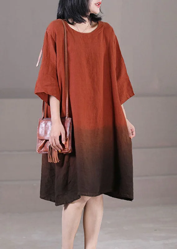 romantic dressCaramel Exra Large Hem Cotton Vacation Dress O-Neck Gradient Color Half Sleeve