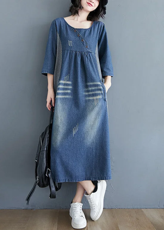 Unbeatable Prices lace-up dressSimple Blue O-Neck Patchwork Wrinkled Denim Long Dress Spring