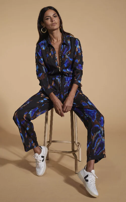Bargain Prices Roxanna Zip Jumpsuit In Camo Abstract Blue On Black
