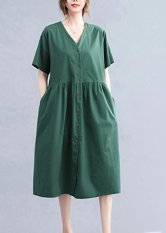 Crazy Savings modern dressStylish Blackish Green V Neck Button Pockets Cotton Long Dress Short Sleeve Crazy Savings modern dressStylish Blackish Green V Neck Button Pockets Cotton Long Dress Short Sleeve