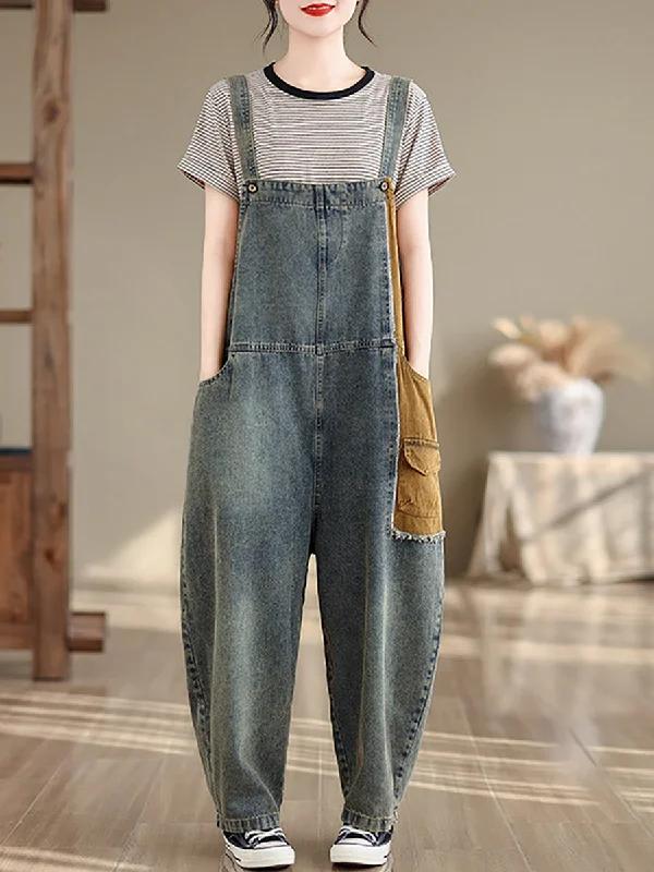 Overstock Women Artsy Summer Colorblock Denim Jumpsuits SC1051