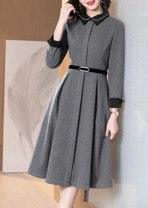 puff sleeve dressHandmade Grey Turn-down Collar Exra Large Hem Cotton Dresses Long Sleeve