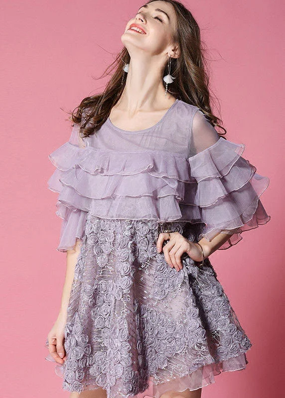 pleated maxi dressPurple Patchwork Tulle Mid Dress Ruffled Hollow Out Half Sleeve